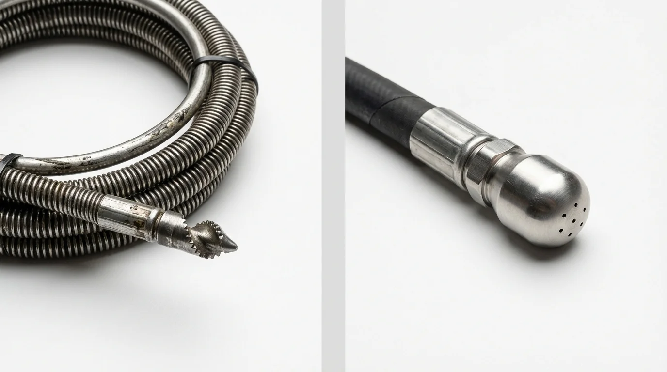 Drain snake cable and hydro jetting nozzle used for drain cleaning in Springfield, NJ