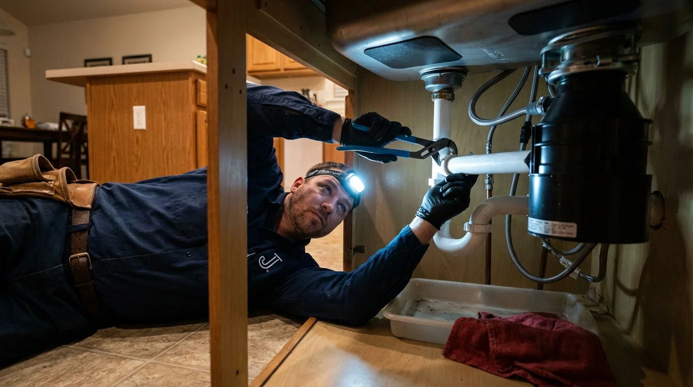 P-trap and supply line connections under a kitchen sink showing a common leak point in Springfield, NJ